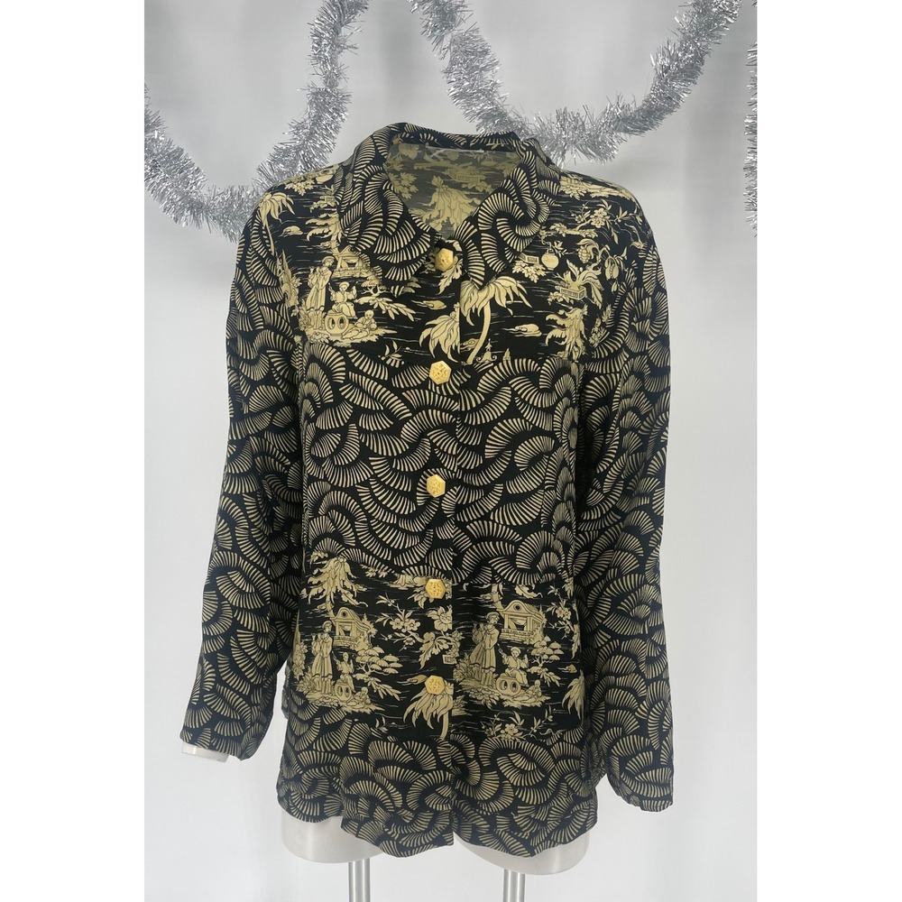 Vintage 90s Chinoiserie Mixed Print Art to Wear Button Up Blouse M/L